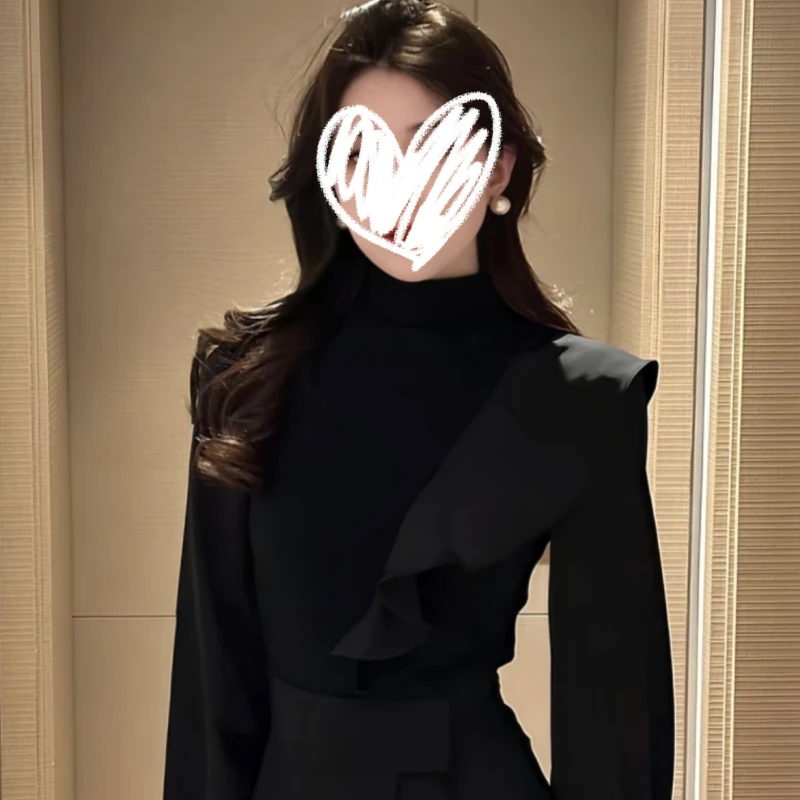 2025春季新款黑色半高领长袖T恤女设计感时尚修身显瘦上衣女-8327