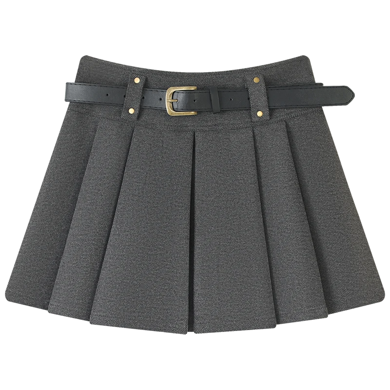 慕兔灰色毛呢半身裙女秋季2024新款高腰显瘦a字短裙小个子百褶裙