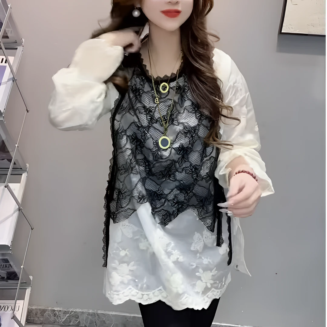 蕾丝拼接衬衫女秋冬女时尚洋气宽松遮肉显瘦气质假两件套打底衫潮