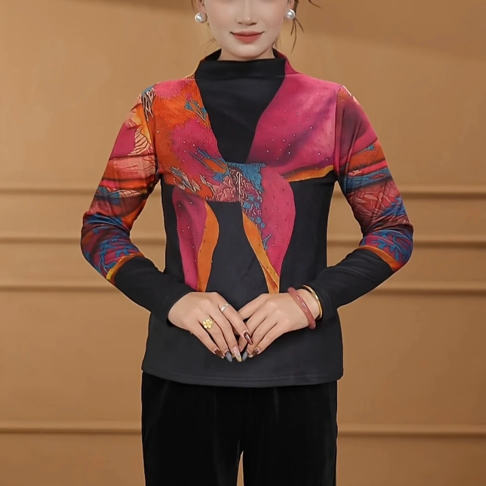 印花拼色女半高领修身长袖T恤复古港风不起球烫钻提花加厚打底衫