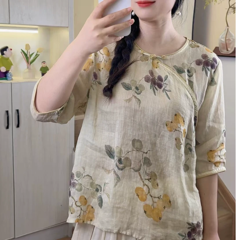 【宗宗严选】新中式纯苎麻盘扣印花小衫上衣女