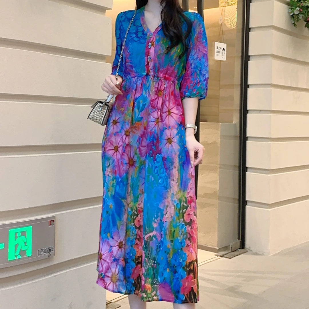 【2524暗香花影】25年新款定位印花桑蚕丝连衣裙长115