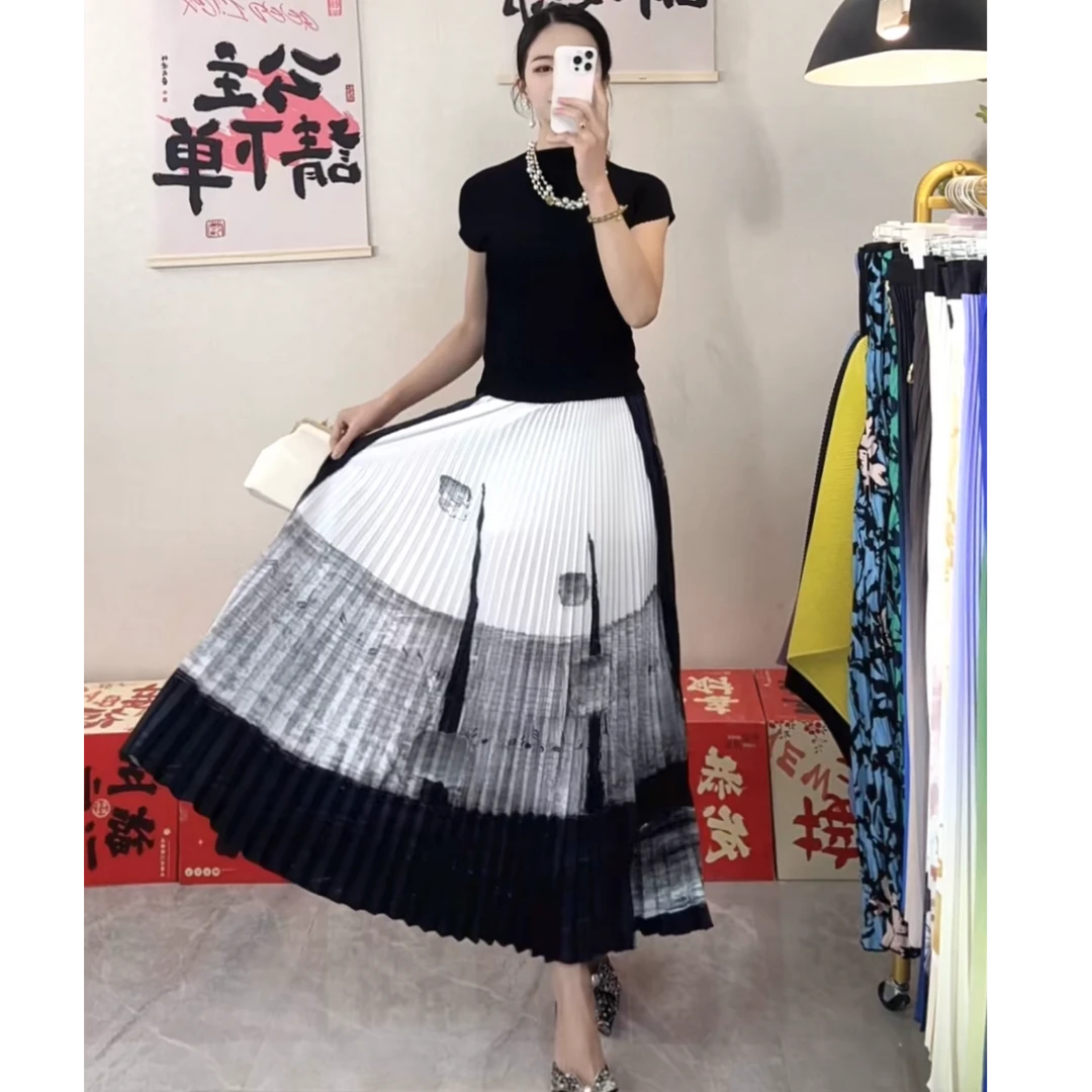 【直播间热卖款】好评多高级名媛时尚减龄百搭女气质优雅水墨画半裙