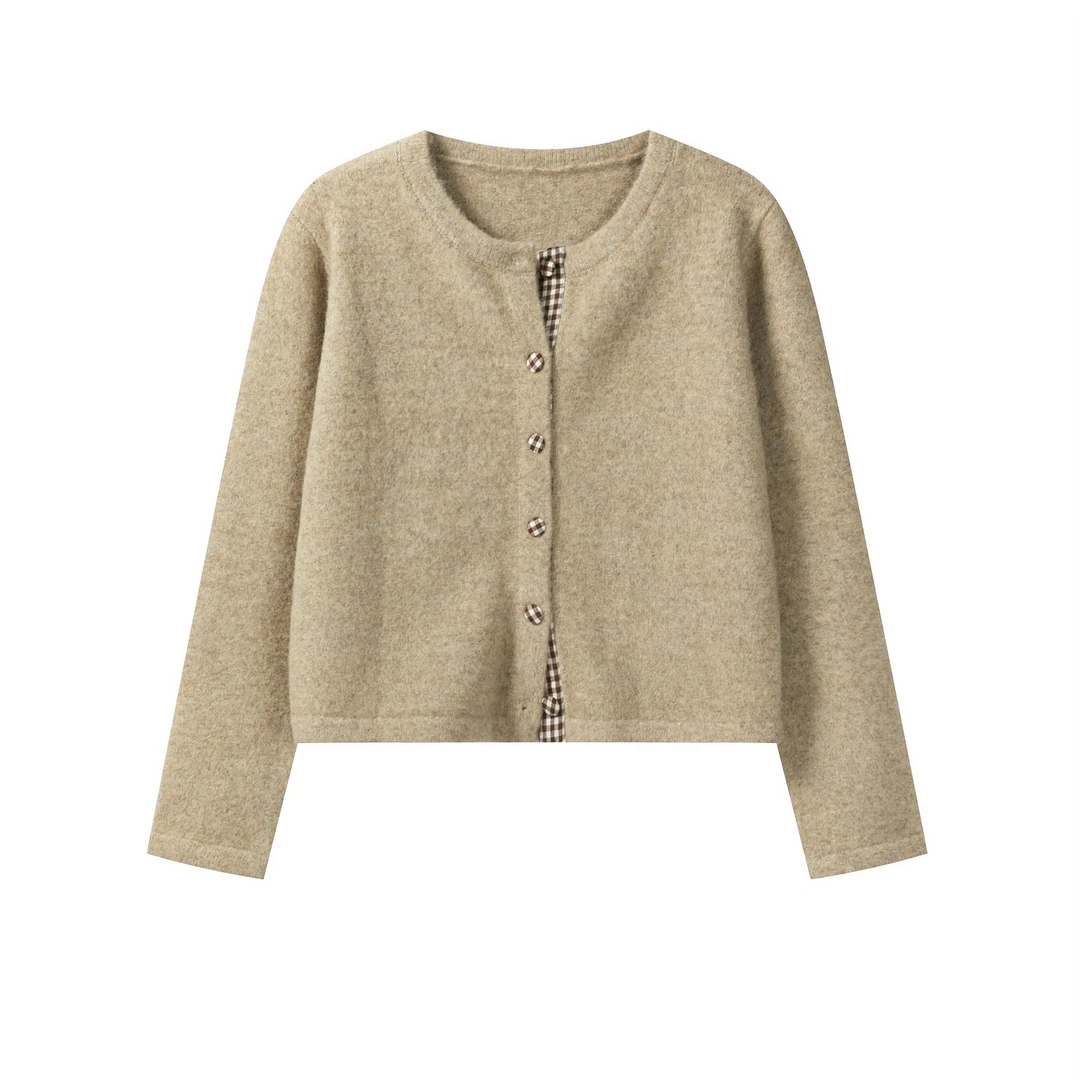 羊城故事-纯色圆领拼接开衫毛衣女冬季新款百搭显瘦外套Y51155692