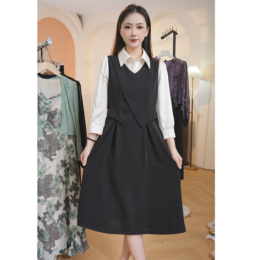 Y1893简约通勤礼服2025春季新款洋气收腰显瘦优雅假两件连衣裙