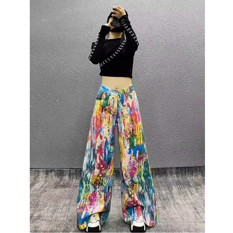 彩绘色设计感阔腿牛仔裤女2025新款泼墨油彩盘直通拖地裤美式潮裤