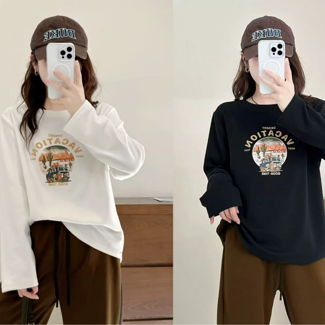 美格加-110-200大码女秋冬圆领印花T恤宽松显瘦洋气百搭打底衫