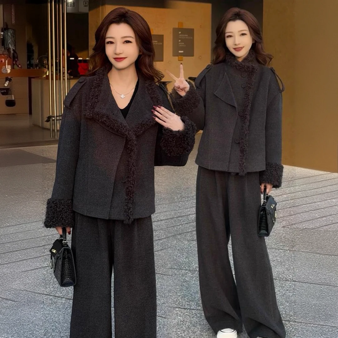 时尚毛呢套装女2025冬季新款洋气大翻领加棉毛呢外套阔腿裤两件套