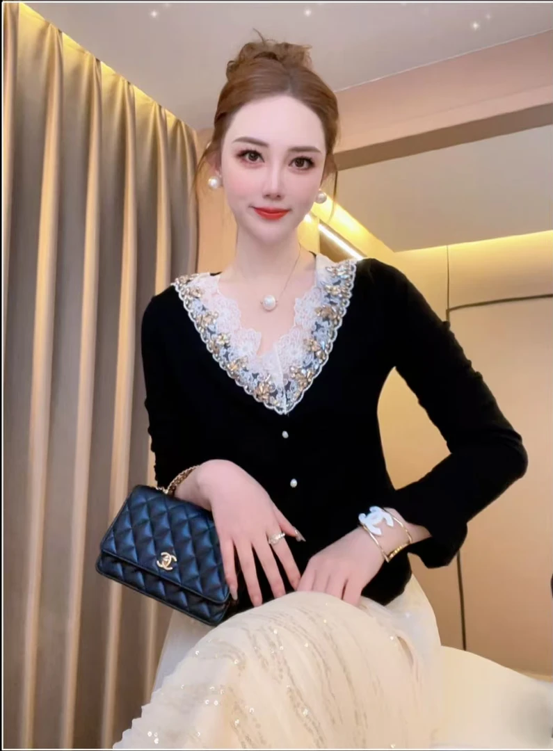 【心动】重工钉珠拼接蕾丝轻奢百搭显瘦针织开衫上衣
