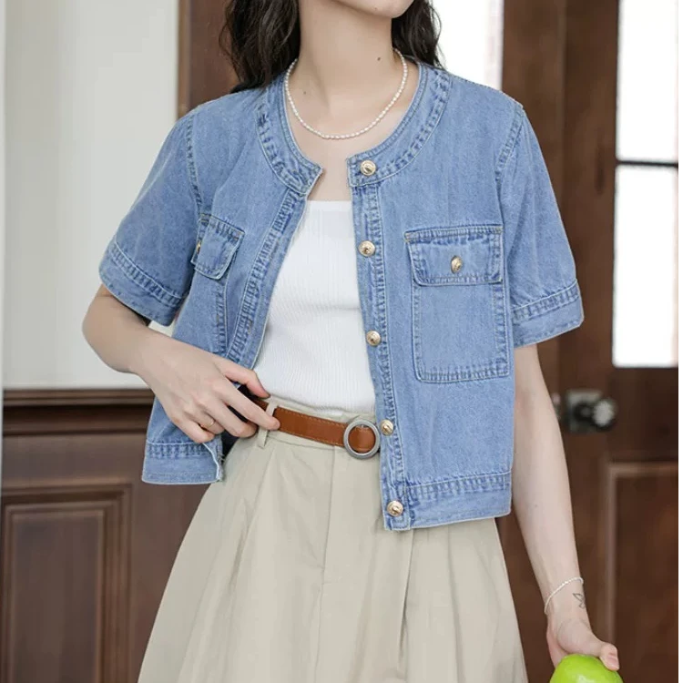浅蓝色短袖牛仔外套女春季2025新款休闲夏装短款开衫上衣薄款外穿