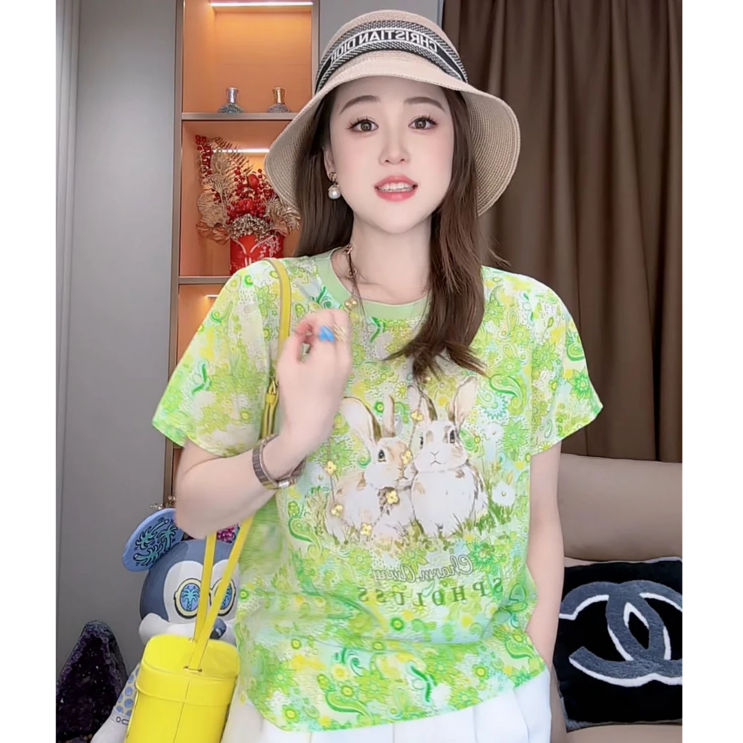 【丝芙玉禄】（F728）100真丝双绉显瘦绿色兔子夏季气质桑蚕丝t恤上衣