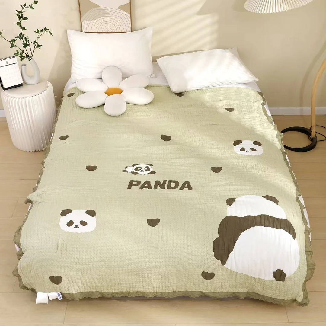 2025新款凉感绿色爱心熊猫柔软单人泡芙被