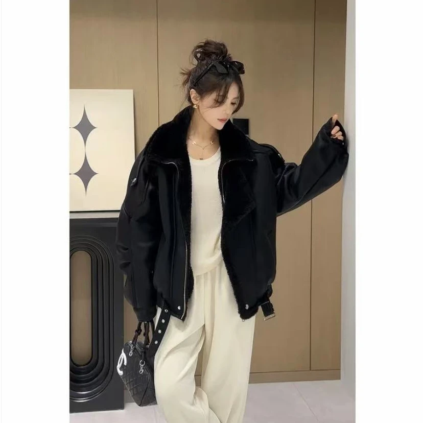 秋冬加厚女短款立领机车服羊羔毛绒仿皮毛一体环保皮草外套