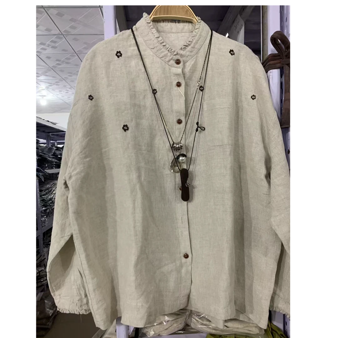 汉麻小清新长袖春季田园风小梅花衬衫单排多扣宽松型圆领WH-252