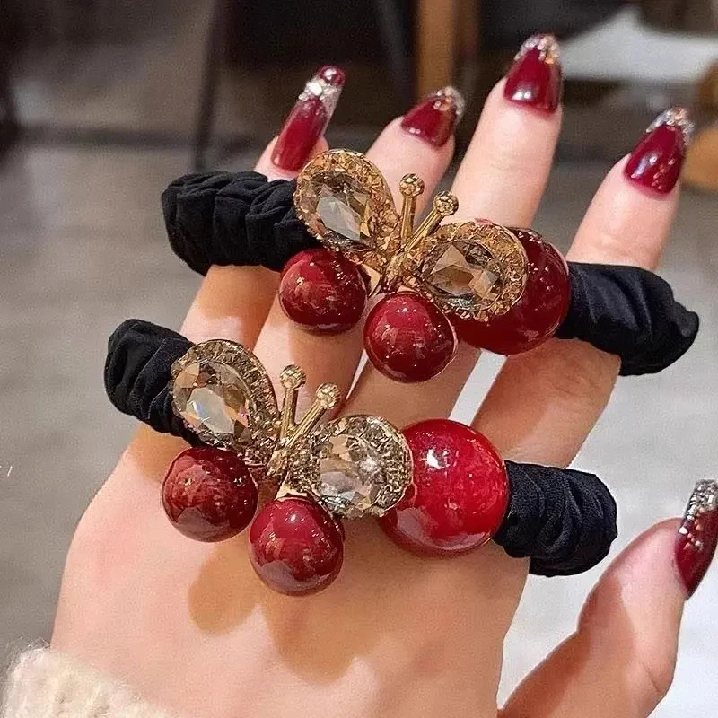 安可拉红色蝴蝶镶钻发圈头绳女高端网红扎头花高弹力马尾耐用皮筋