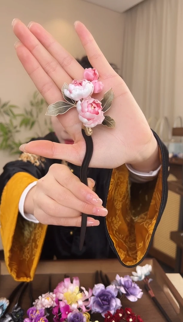 刺绣王粉白色芍药木簪