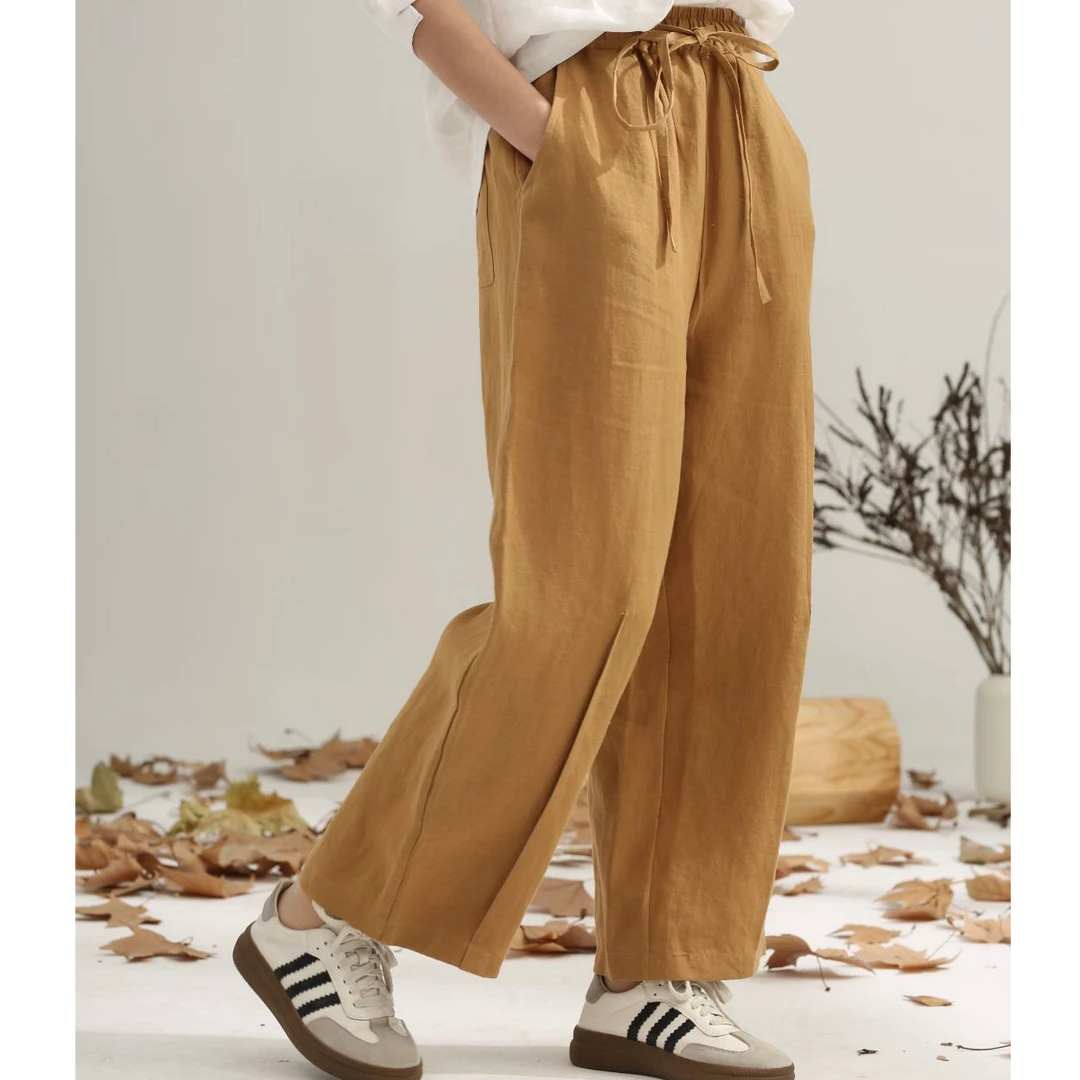 2025春夏新品雨露汉麻宽松休闲松紧腰捏褶阔腿裤九分休闲裤2303