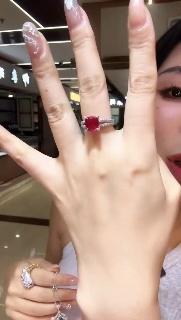 铂Pt950镶嵌戒指钻石 BV0006-PT-  豪华红色双戒臂