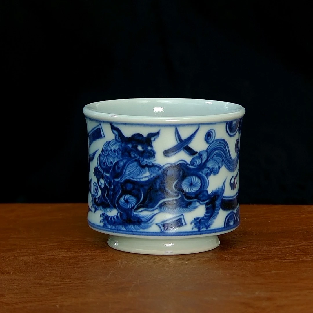 景德镇柴窑枢府釉狮子绣球容天杯 100cc 畅元柴窑手工手绘茶具