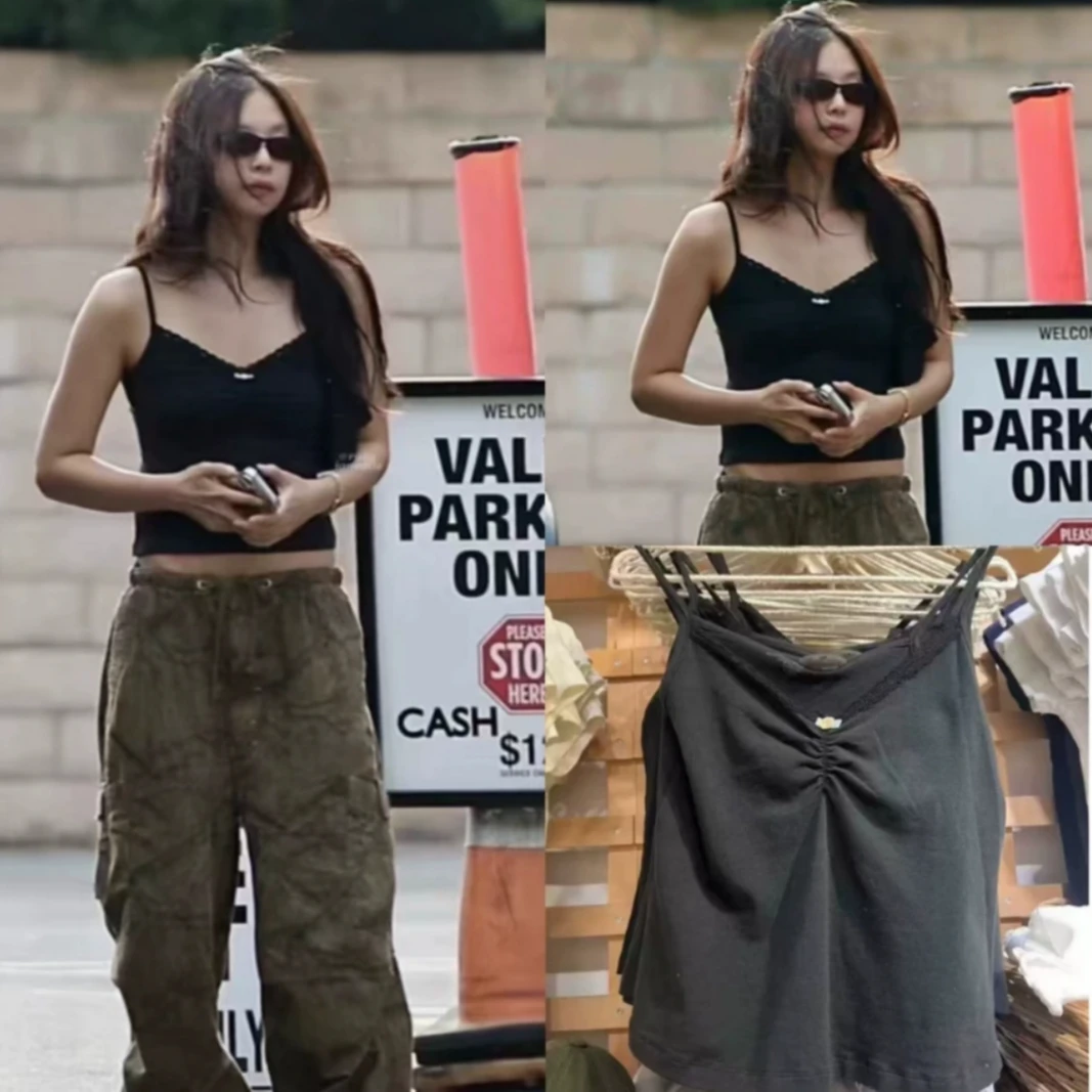 现货秒发Jennie明星同款黑色蕾丝吊带时尚背心修身纯棉打底上衣