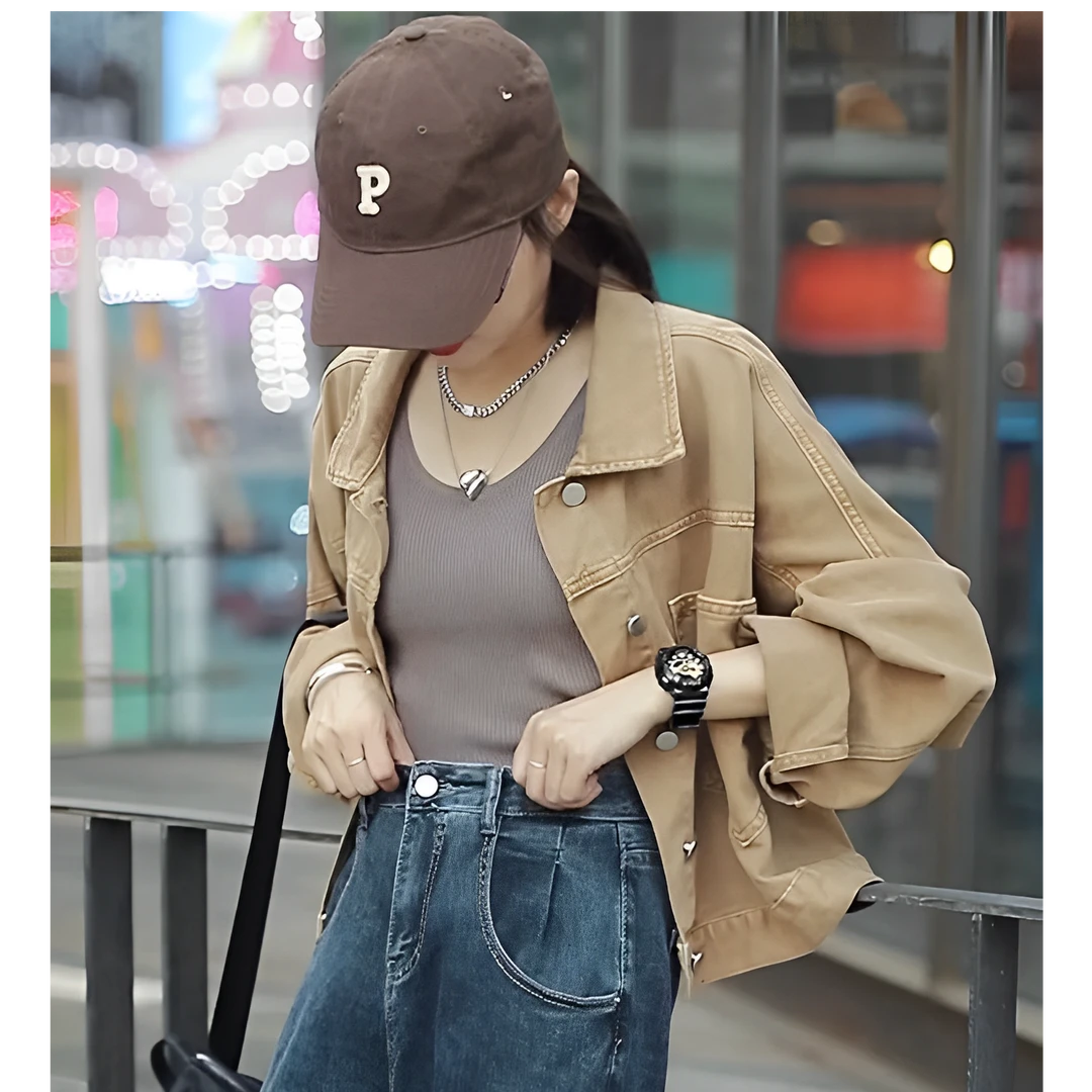春秋网红复古港风工装上衣女休闲百搭小个子短款翻领牛仔外套欧货