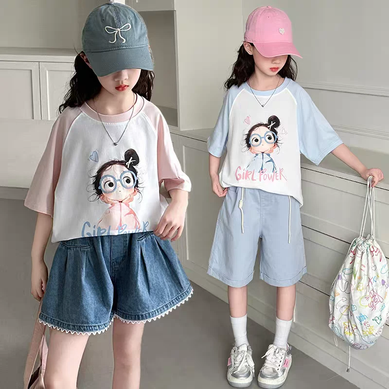 女童夏季眼镜女孩拼色短袖宽松T恤休闲可爱短袖上衣A7-15-3