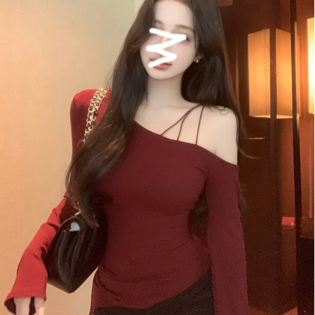 秋季新款法式纯欲辣妹性感斜肩长袖T恤内搭修身显瘦打底女上衣潮