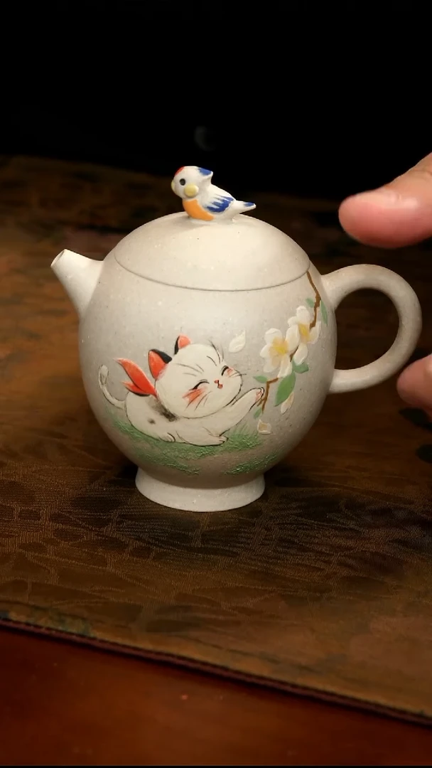 茶壶紫砂白泥小太阳猫咪壶