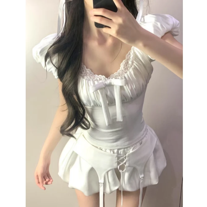 甜梨呆呆海岛假日奥斯汀少女天鹅白短袖上衣纯欲ins风白色上衣