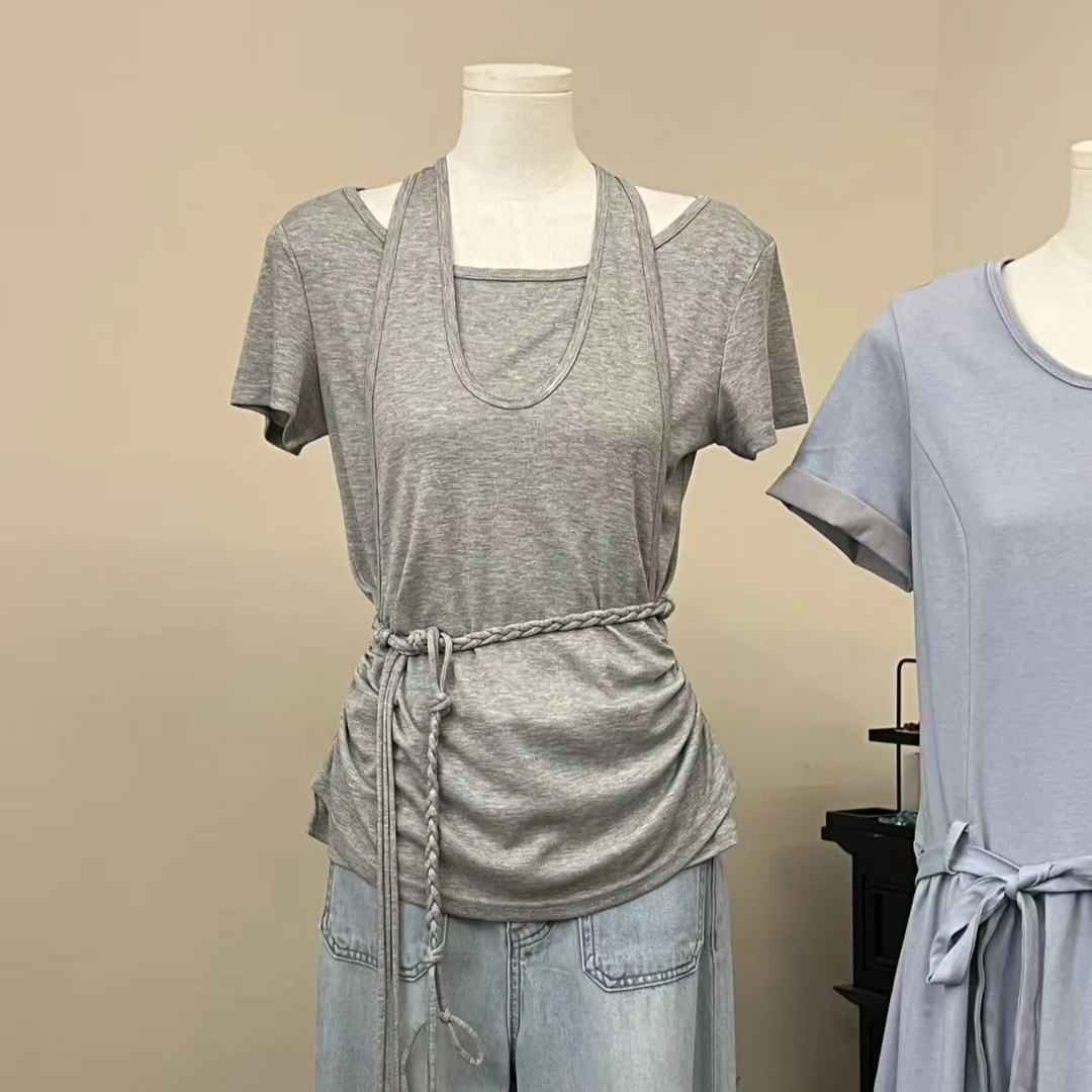 挂脖式假两件修身显瘦短袖T恤（配腰带）#B25267