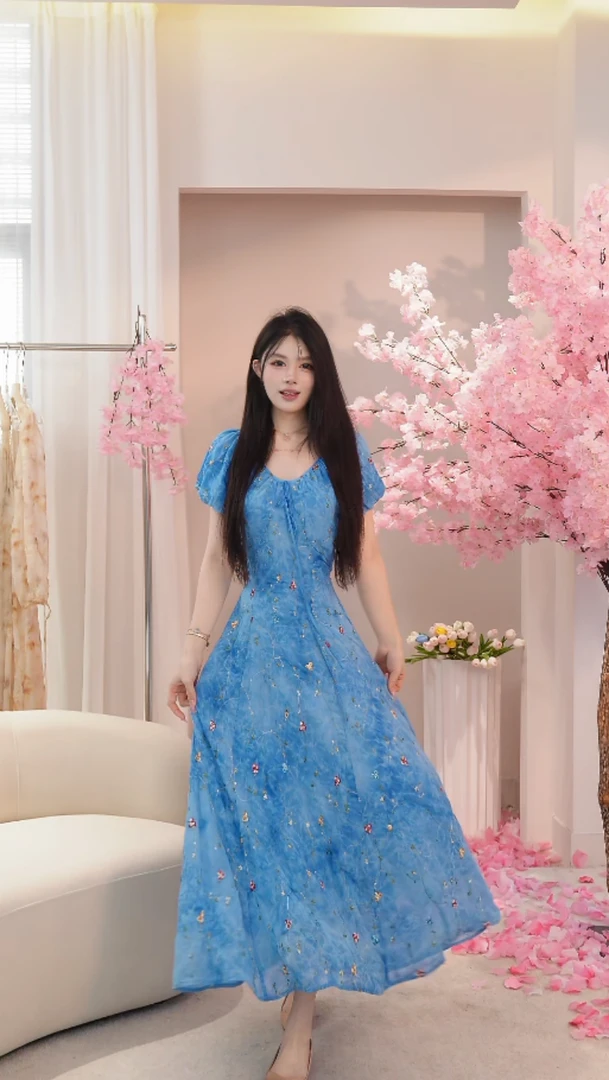 【雅婷】夏季法式复古蓝色V领碎花短袖收腰显瘦仙女连衣裙25040