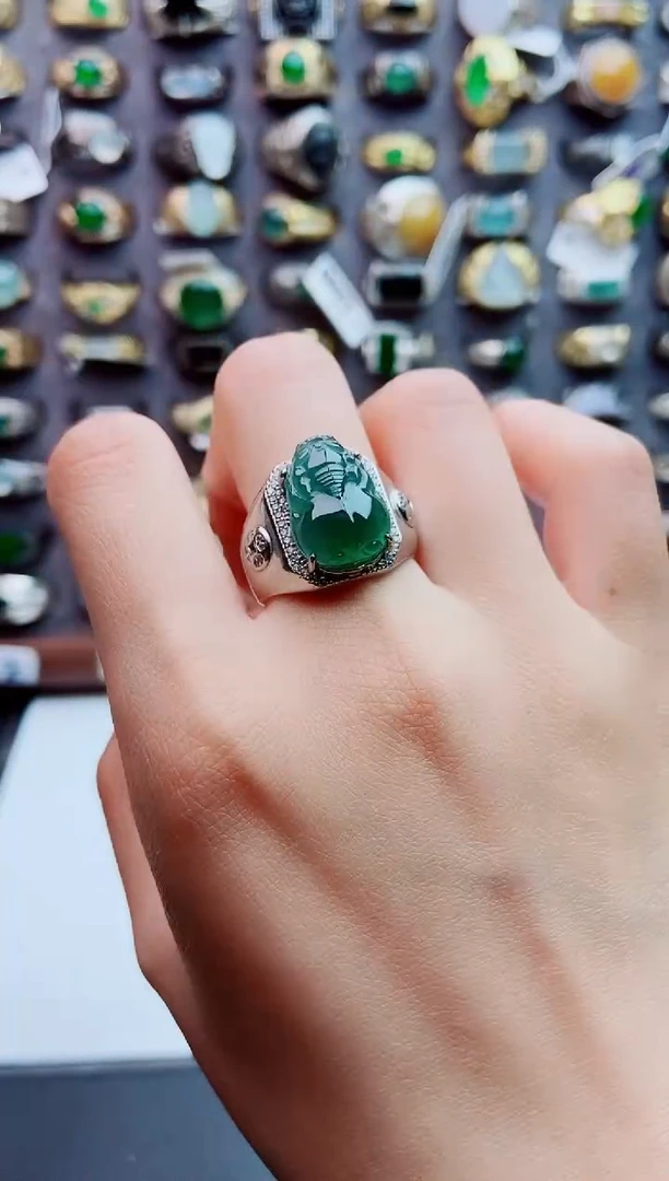 银S925镶嵌戒指翡翠天然翡翠男戒