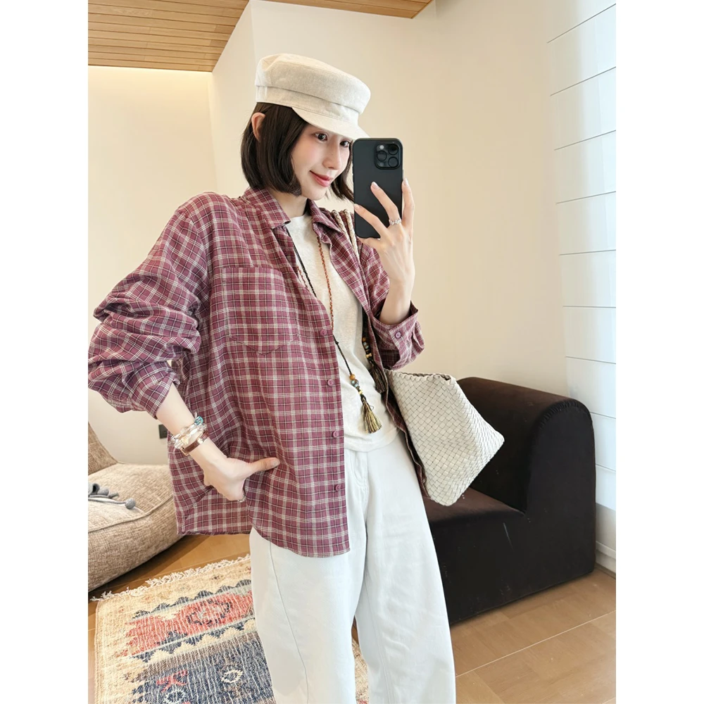 【唐悠悠mgdm】日系复古纯棉撞色红格纹翻领长袖宽松衬衫上衣女秋款