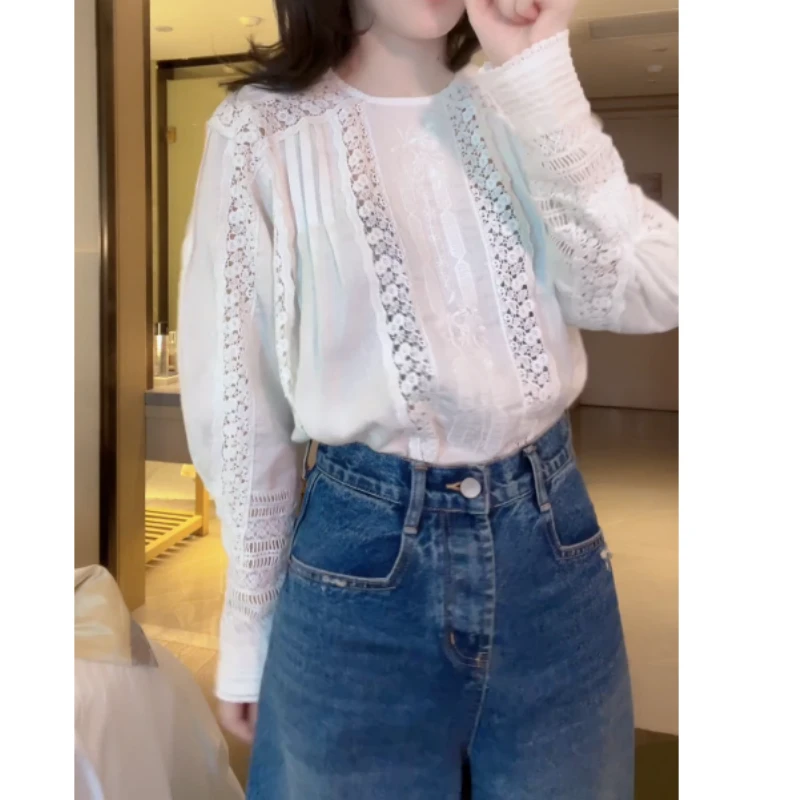 【雾月花蹊】2025春季韩版新款蕾丝镂空拼接欧若风衬衣LK2501669