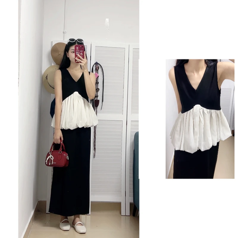法式气质独特高级感套装夏季新款V领拼接无袖背心+高腰显瘦半身裙