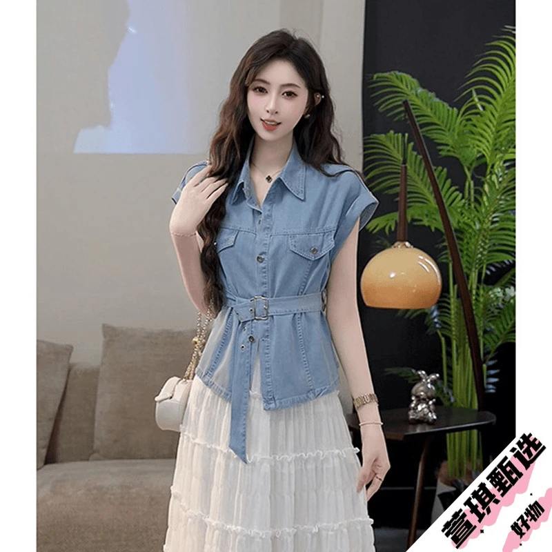 网红爆款浅蓝色系带牛仔马夹女夏季新款韩版休闲收腰无袖马甲上衣