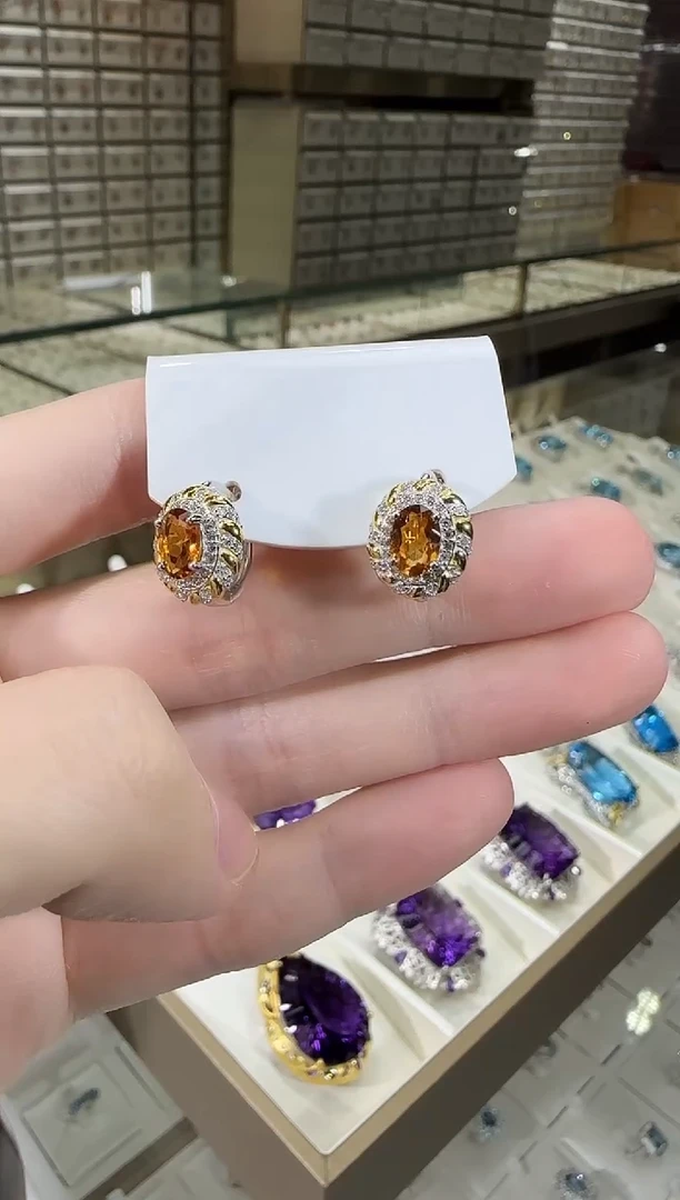 银S925镶嵌耳饰黄晶6*8mm耳扣高级款