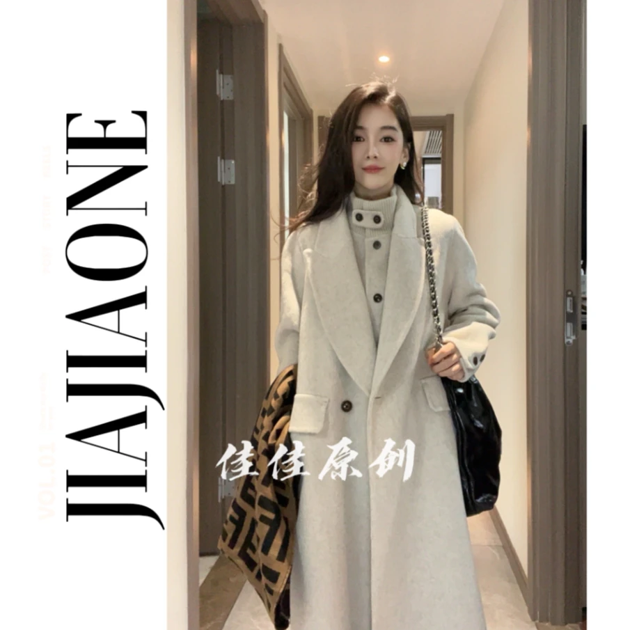 【佳美儿服饰】秋冬新品立领两件套长款双面呢羊毛大衣外套25058