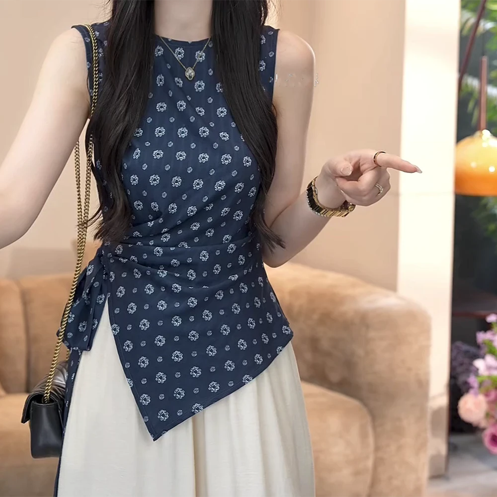 【木木落烟】复古甜美碎花系带无袖收腰显瘦衬衫