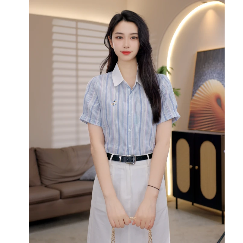 QH80511夏季新款衬衫衬衣短袖条纹宽松风休闲撞色翻领时尚绣花