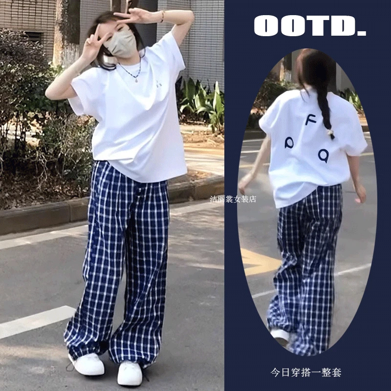 少女学院风休闲运动服套装夏季15-17岁初中生女装格子长裤两件套