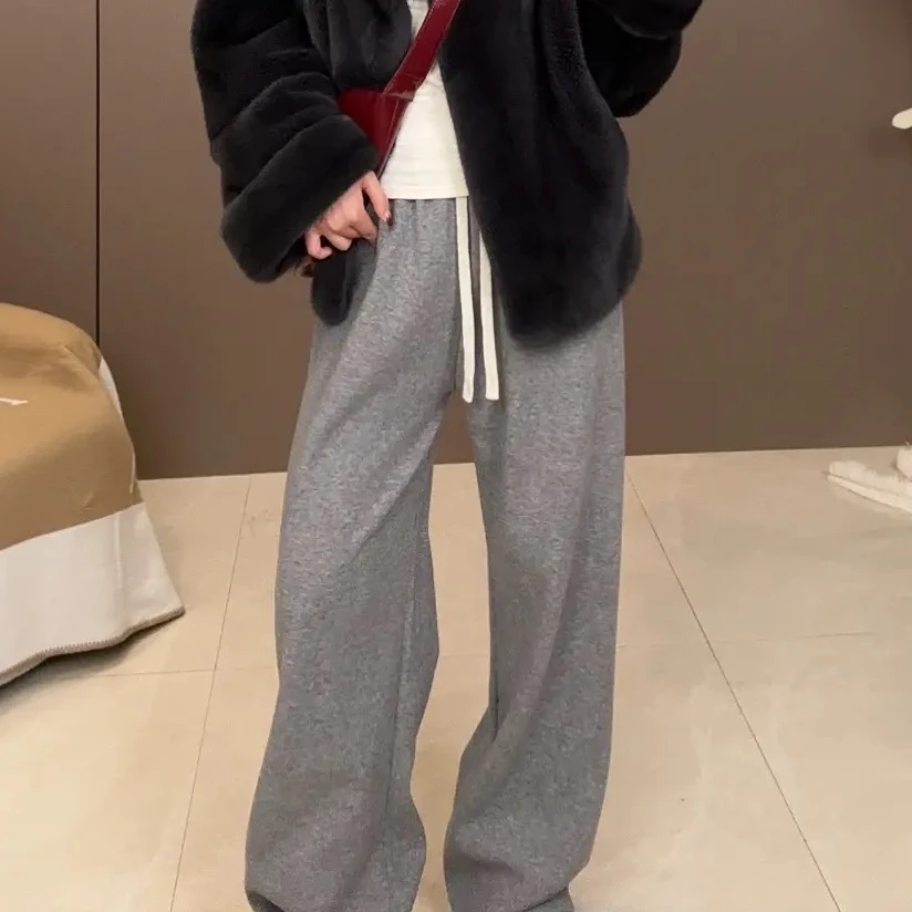 【坤哥同款】高腰宽松加绒直筒阔腿卫裤女秋冬松紧腰垂感拖地长裤