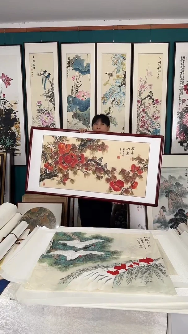 国画柿柿如意实木装裱63*123