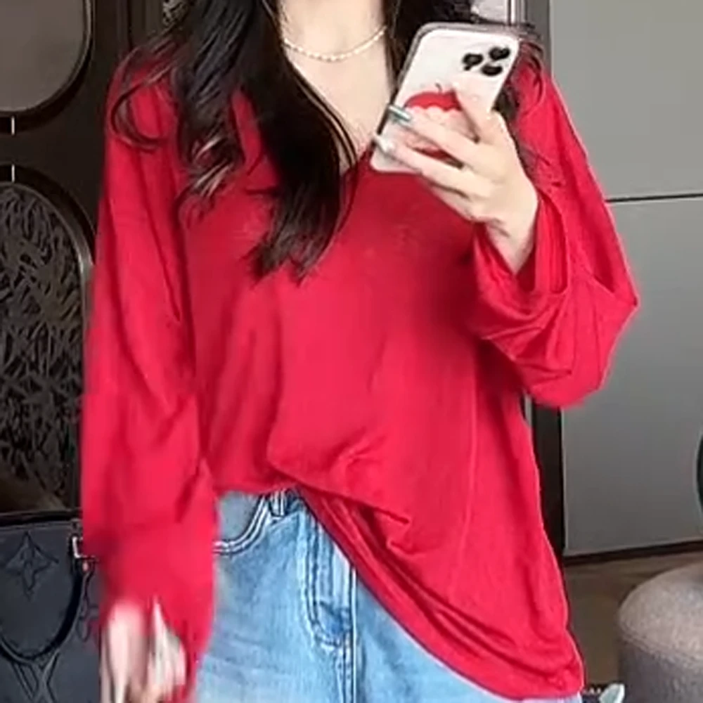 会呼吸的T 慵懒风雪花纹V领防晒休闲长袖T上衣C5248