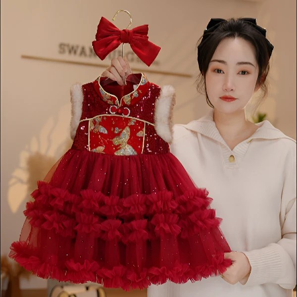 【Y.a56403】2024新款女宝加厚洋气网纱中式背心裙加厚套装拜年服