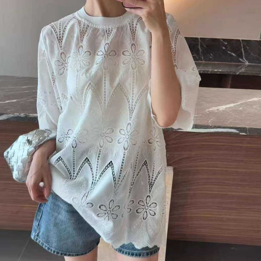 80819#欧货2025夏季新款圆领钩花镂空大版时尚宽松短袖T恤女上衣