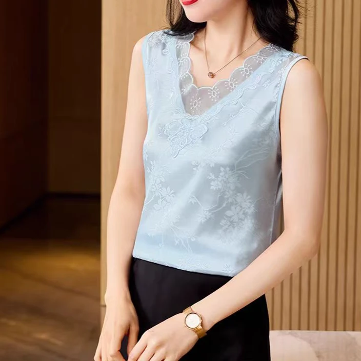 新款V领百搭透气缎面提花吊带背心女士春夏款高级感蕾丝背心内搭