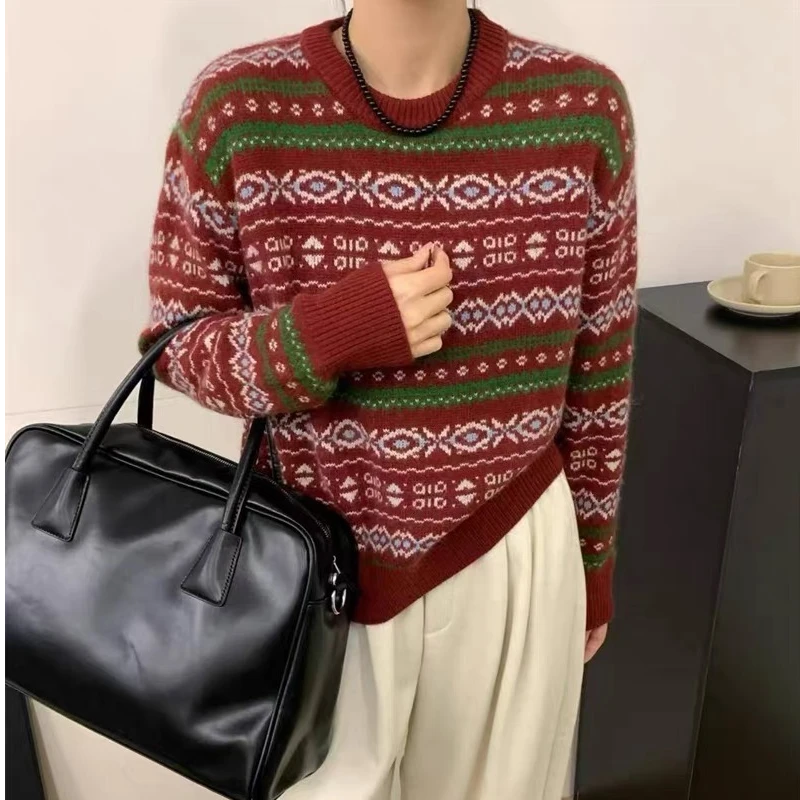 费尔岛蜜熊58圆领条纹长袖网红针织时尚百搭女士复古秋冬