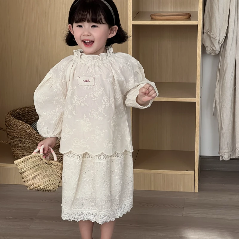 女童法式重工提花刺绣衬衫蕾丝上衣2025新款小女孩春款洋气套装裙