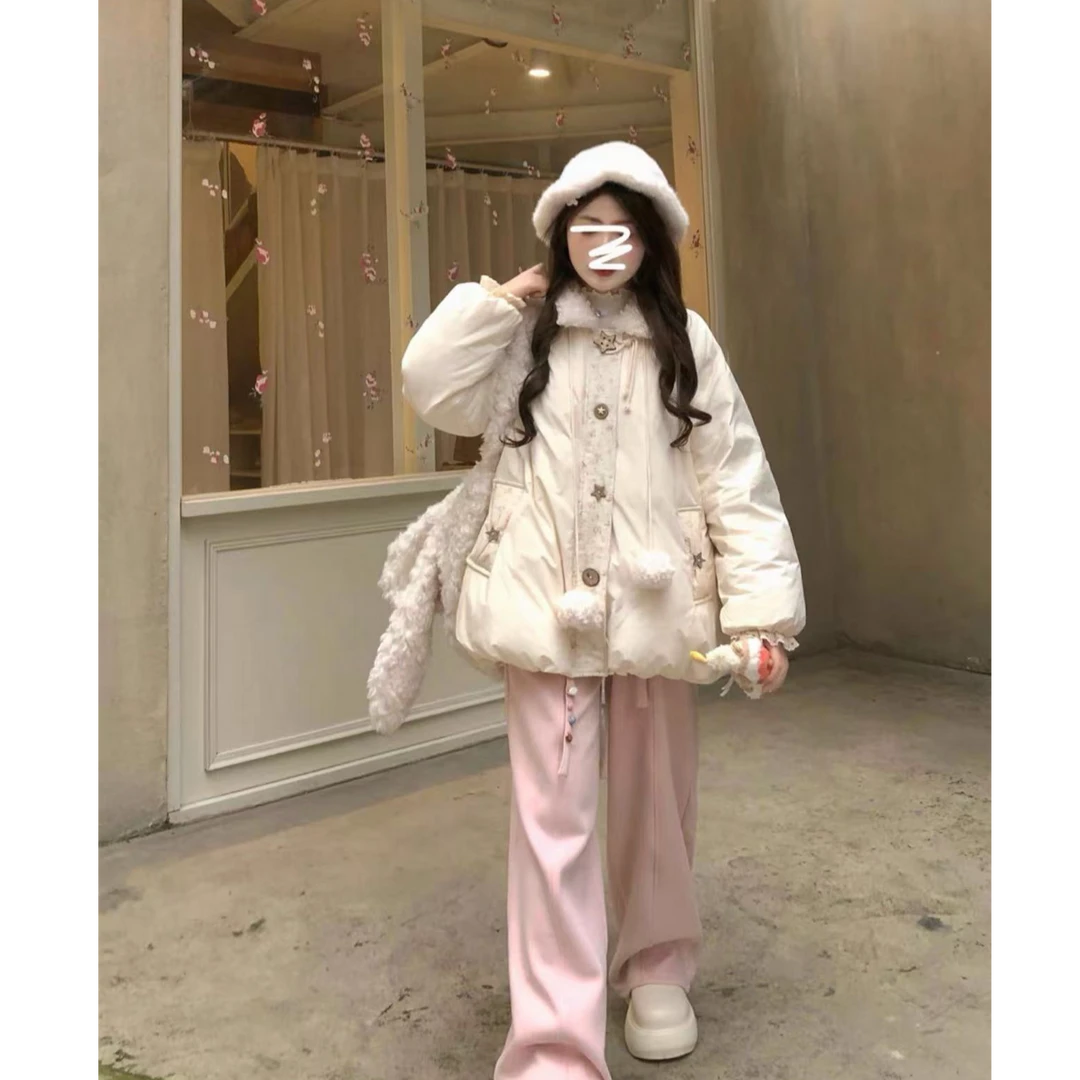 草莓奶昔大蝴蝶结碎花可爱显瘦棉服+裤子两件套套装llh769